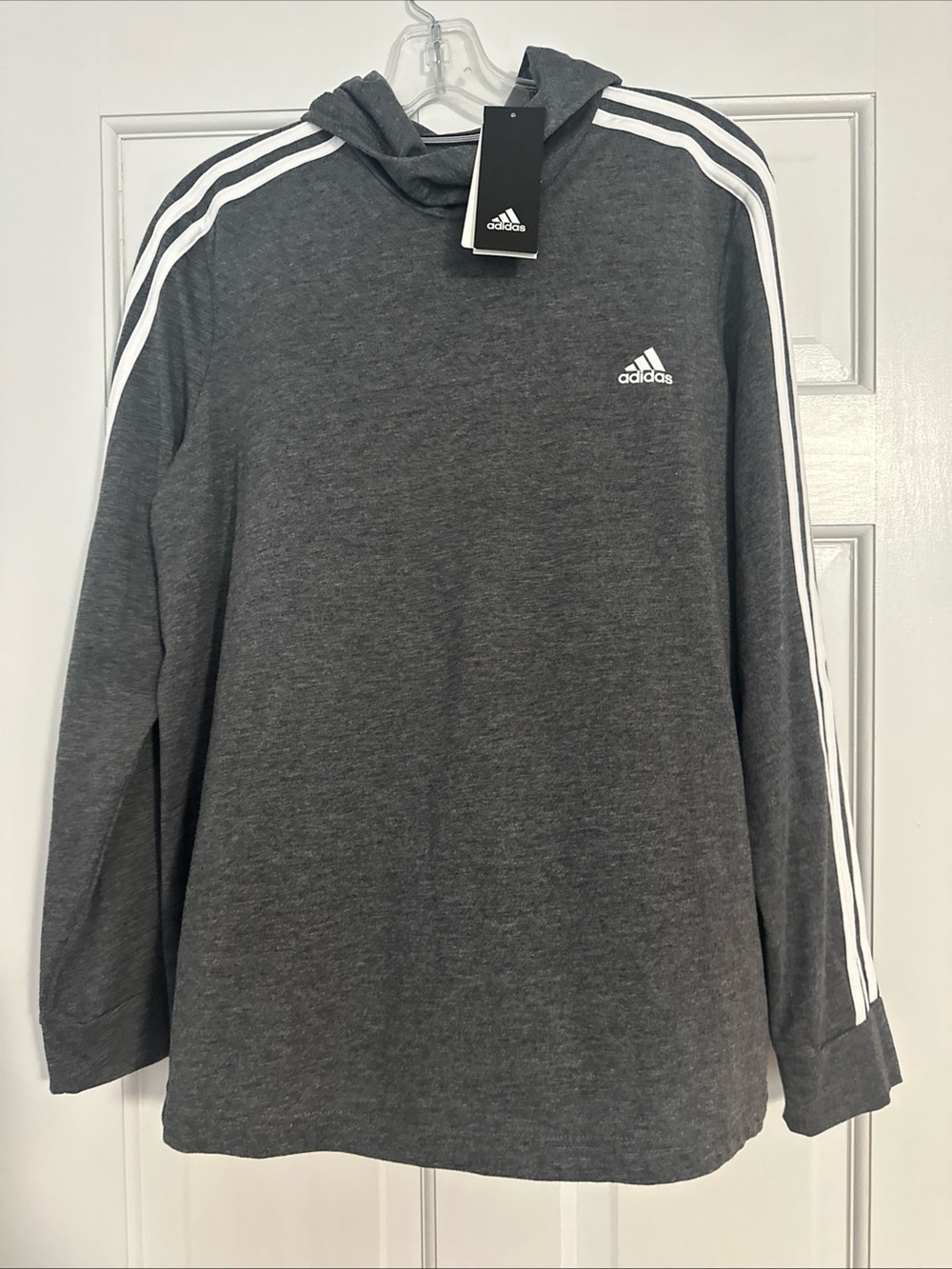 Adidas Gray Hooded Long-Sleeve Shirt with Signature Stripes Women’s XL